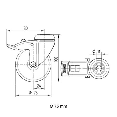 Zwenkwiel met rem en expander - 75mm diameter-D / 42,4 mm