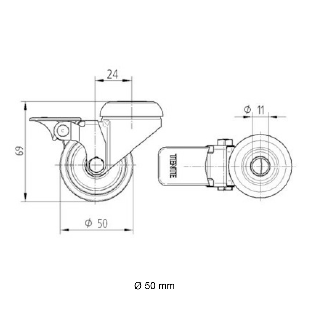 Zwenkwiel (zwart) met rem en expander - 50mm diameter-C / 33,7 mm